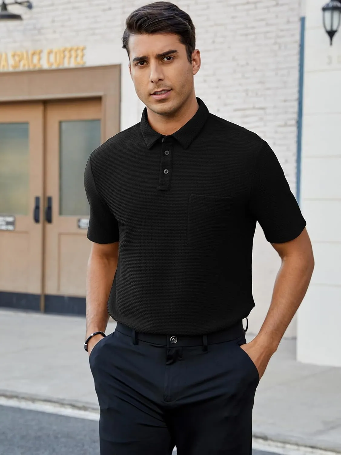 Men's Casual Short Sleeve Bubble Jacquard Polo Shirt Solid Collared T-Shirt Golf Polo Shirts with Pocket