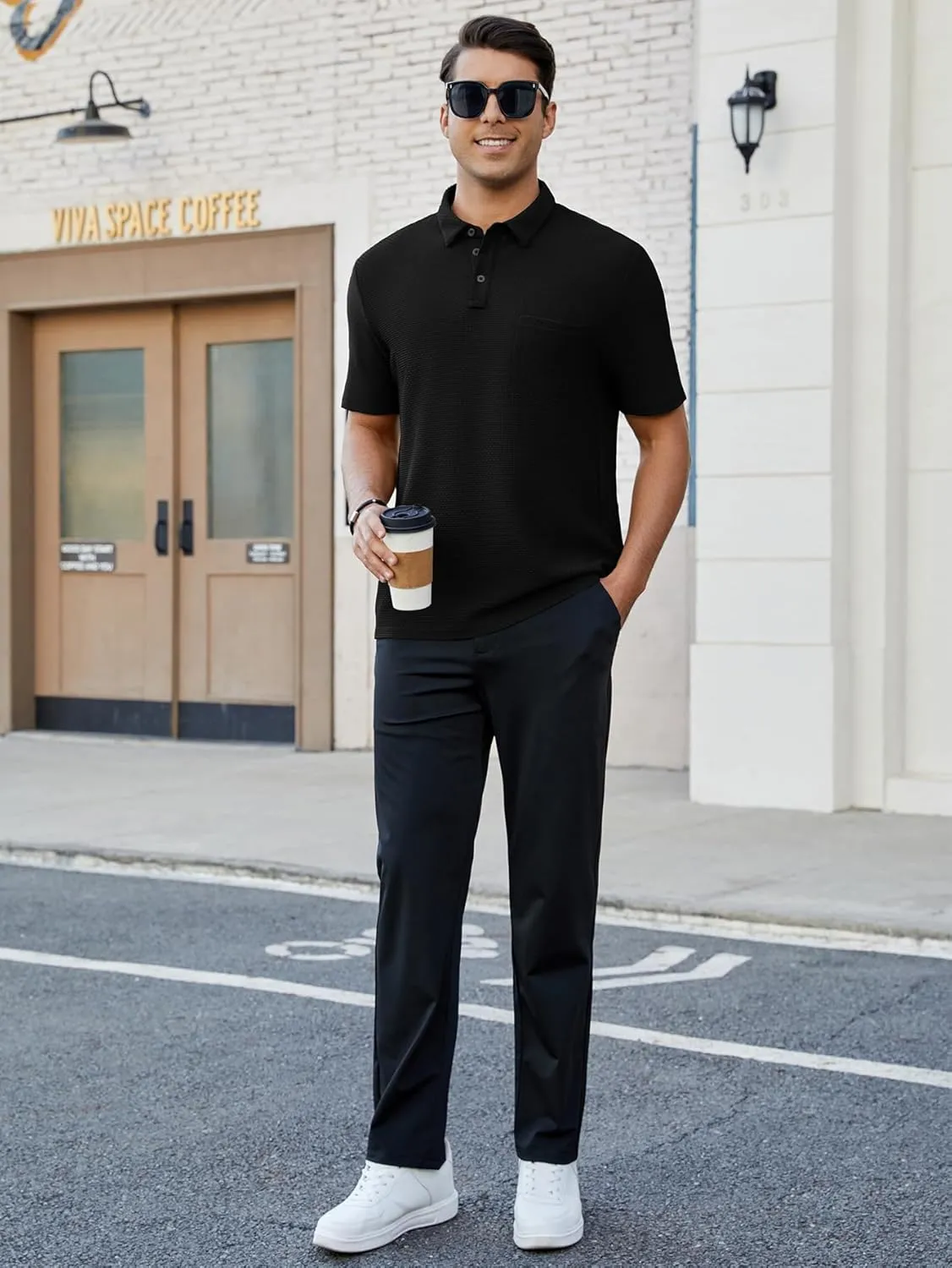 Men's Casual Short Sleeve Bubble Jacquard Polo Shirt Solid Collared T-Shirt Golf Polo Shirts with Pocket