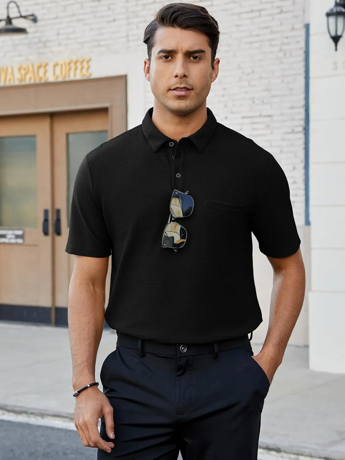 Men's Casual Short Sleeve Bubble Jacquard Polo Shirt Solid Collared T-Shirt Golf Polo Shirts with Pocket