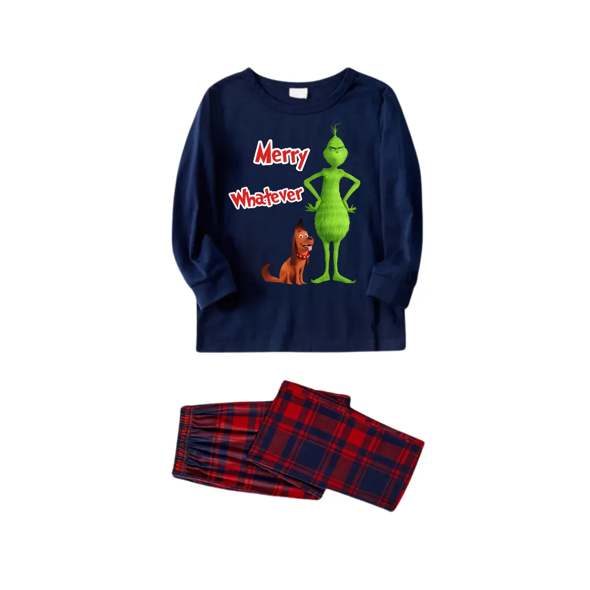 Merry Whatever Red Text With Green Cartoon Characters and Dog Pattern Blue Top Red&Blue Plaid Pants Family Matching Pajamas
