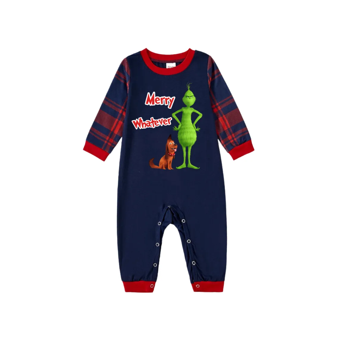 Merry Whatever Red Text With Green Cartoon Characters and Dog Pattern Blue Top Red&Blue Plaid Pants Family Matching Pajamas