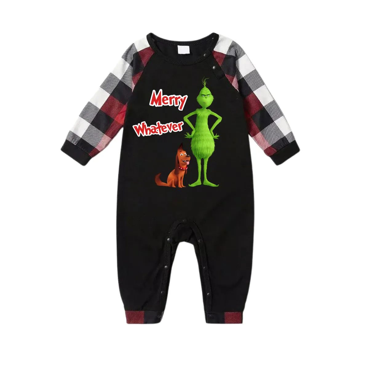 'Merry Whatever' Red Text With Green Cartoon Characters and Dog Pattern Contrast Black Top Red&Black&White Plaid Pants Family Matching Pajamas
