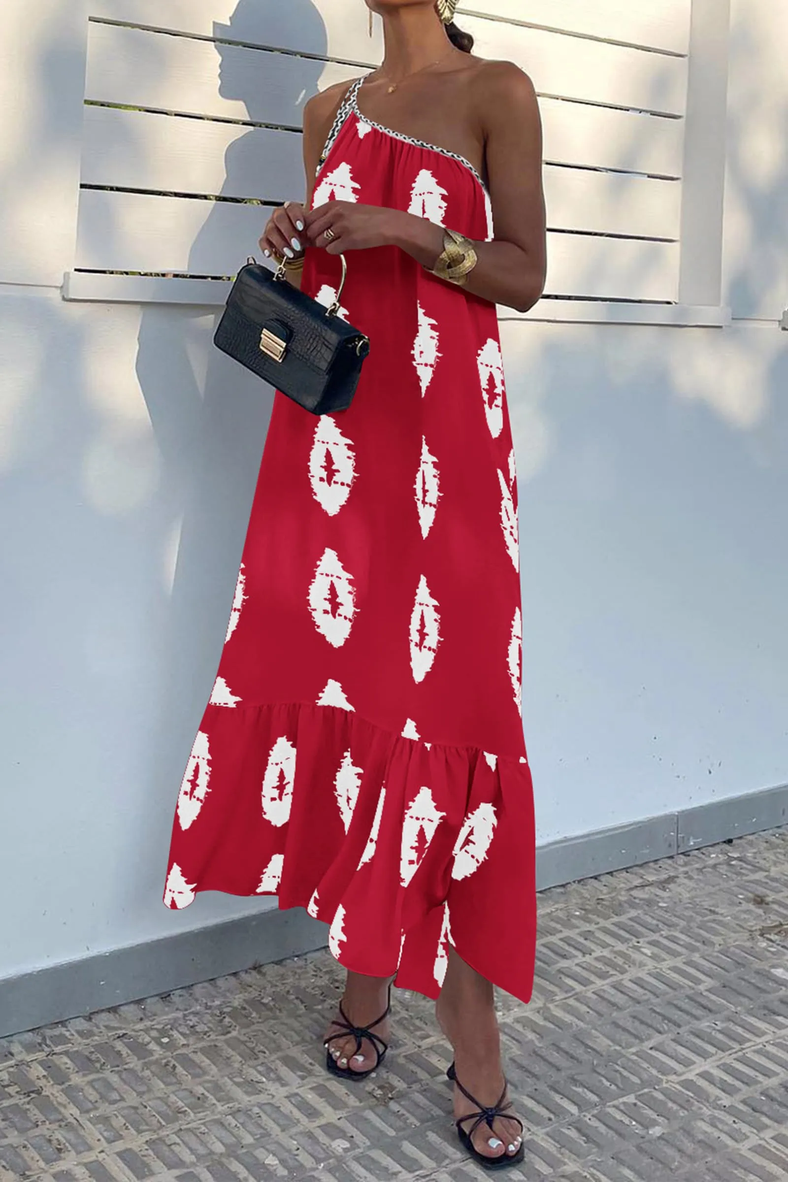 One Shoulder Spaghetti Strap Printed A Line Flowy Boho Maxi Long Sundress
