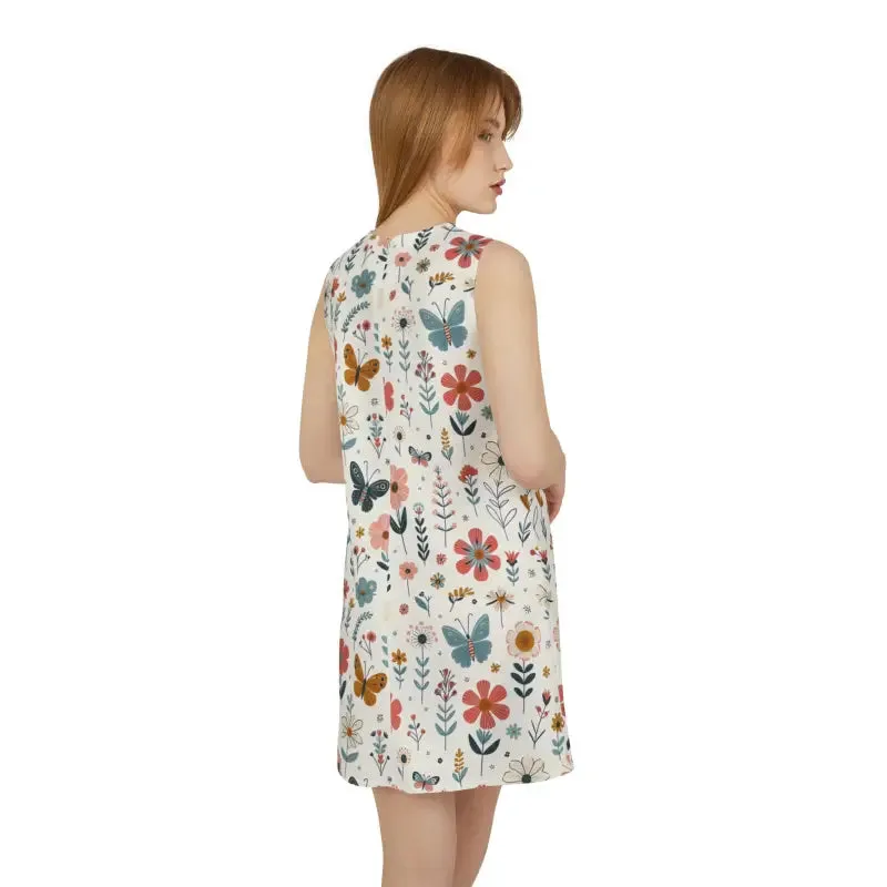 Pastel Floral Sleeveless Dress with Jewel Neckline