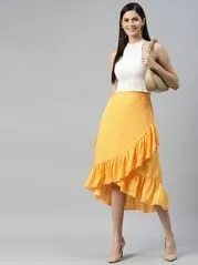plusS Women Yellow Solid A-Line Midi Skirt