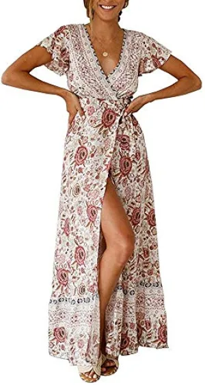 PRETTYGARDEN Women's Summer Bohemian Dress Short Sleeve Floral V Neck Ruffle Hem Split Belted Flowy Maxi Dresses (White,Medium)