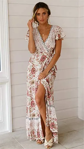 PRETTYGARDEN Women's Summer Bohemian Dress Short Sleeve Floral V Neck Ruffle Hem Split Belted Flowy Maxi Dresses (White,Medium)