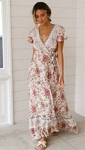 PRETTYGARDEN Women's Summer Bohemian Dress Short Sleeve Floral V Neck Ruffle Hem Split Belted Flowy Maxi Dresses (White,Medium)