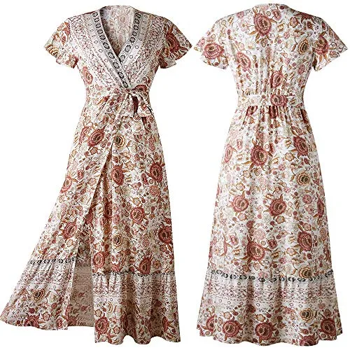 PRETTYGARDEN Women's Summer Bohemian Dress Short Sleeve Floral V Neck Ruffle Hem Split Belted Flowy Maxi Dresses (White,Medium)