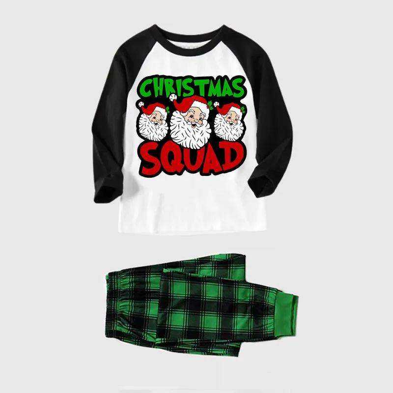 "Christmas Squad" and Santa Printed Green and Black Plaid Christmas Family Pajamas