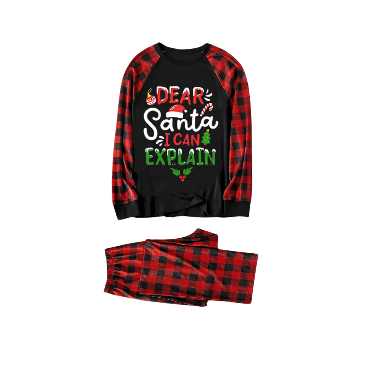 "Dear Santa I can Explain" Slogan Printed Black and Red Plaid Christmas Matching Pajamas