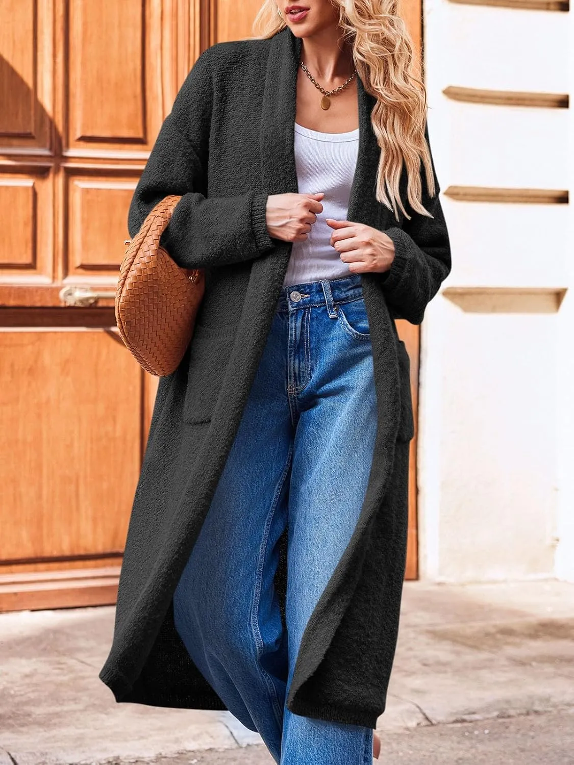 Saodimallsu Womens Open Front Long Cardigan Sweaters Oversized Chunky Fuzzy Lapel Fall 2024 Trendy Duster Sweater Coats