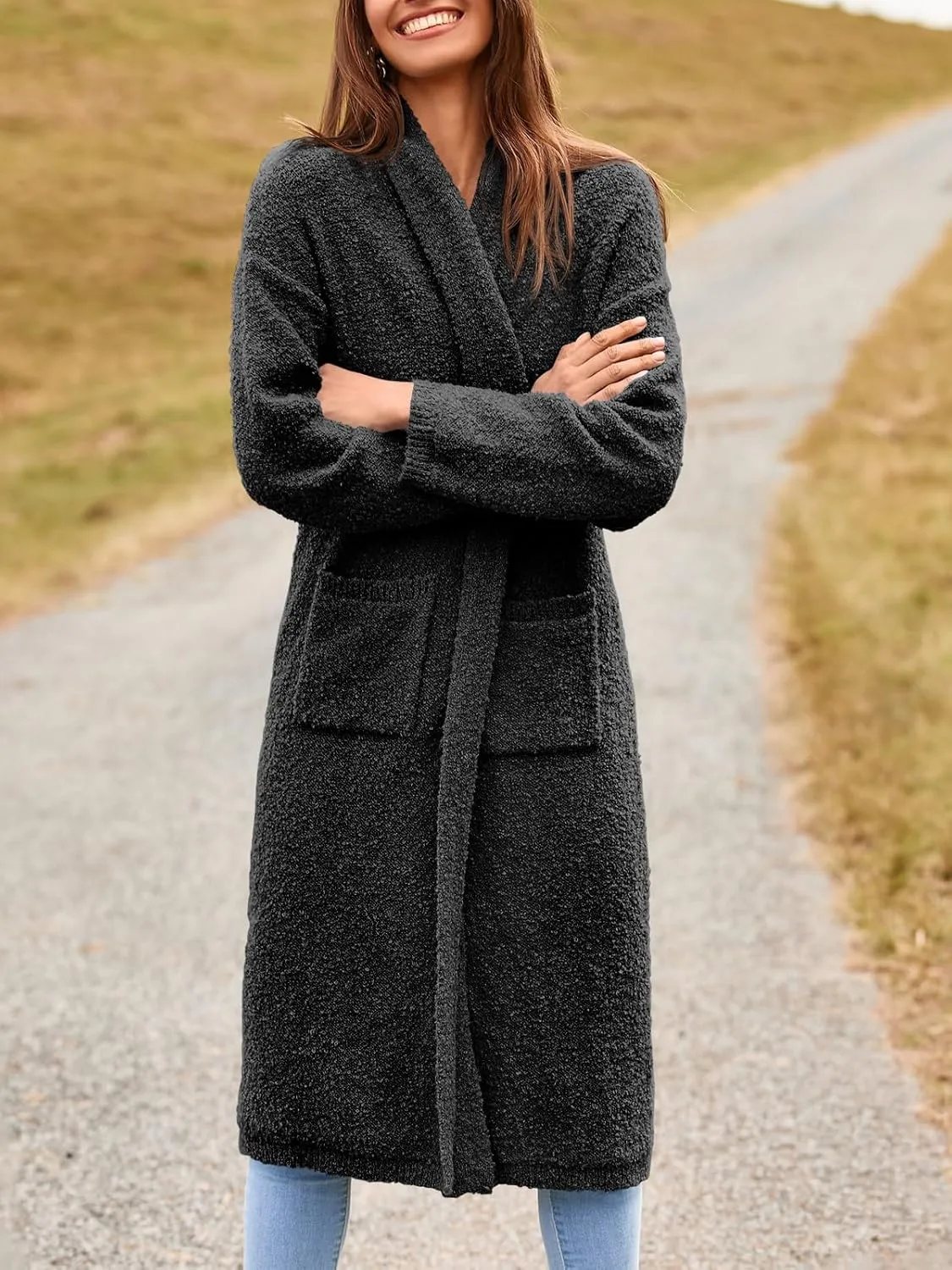 Saodimallsu Womens Open Front Long Cardigan Sweaters Oversized Chunky Fuzzy Lapel Fall 2024 Trendy Duster Sweater Coats