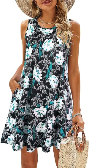 SimpleFun Summer Dresses for Women Beach Floral Tshirt Sundress Casual Pockets Boho Tank Dress