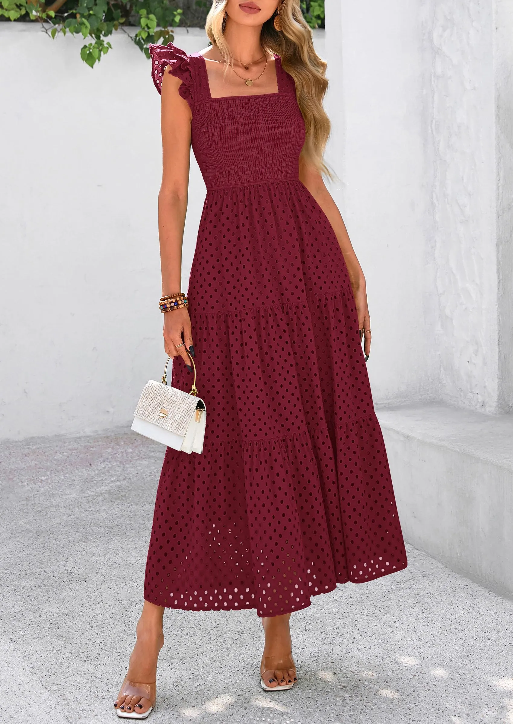 Square Neck Cap Sleeve Eyelet Smocked Tiered A Line Maxi Dresses with Pockets