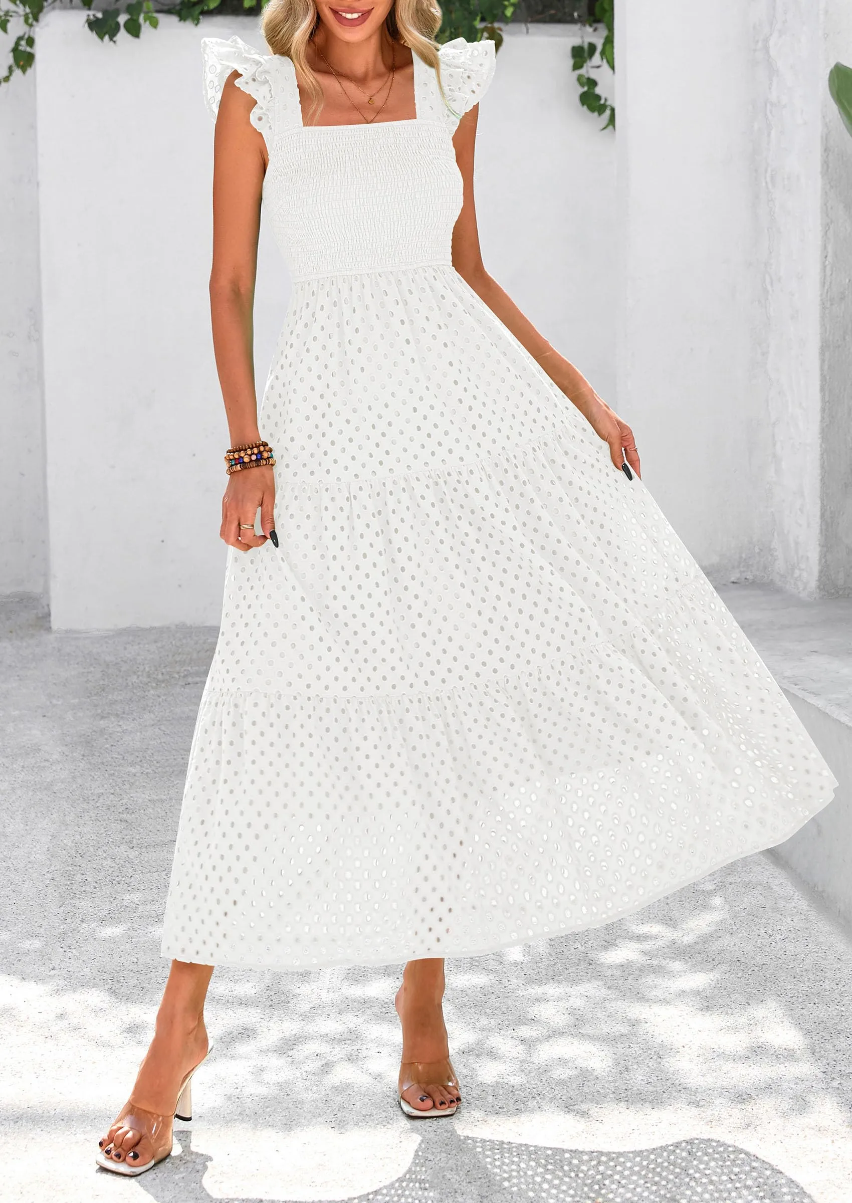 Square Neck Cap Sleeve Eyelet Smocked Tiered A Line Maxi Dresses with Pockets