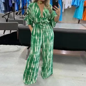 Summer Striped Print Waisted Romper Women Fashion V-neck Half Sleeve Jumpsuit Ladies Casual Wide Leg Pant Playsuit Overalls
