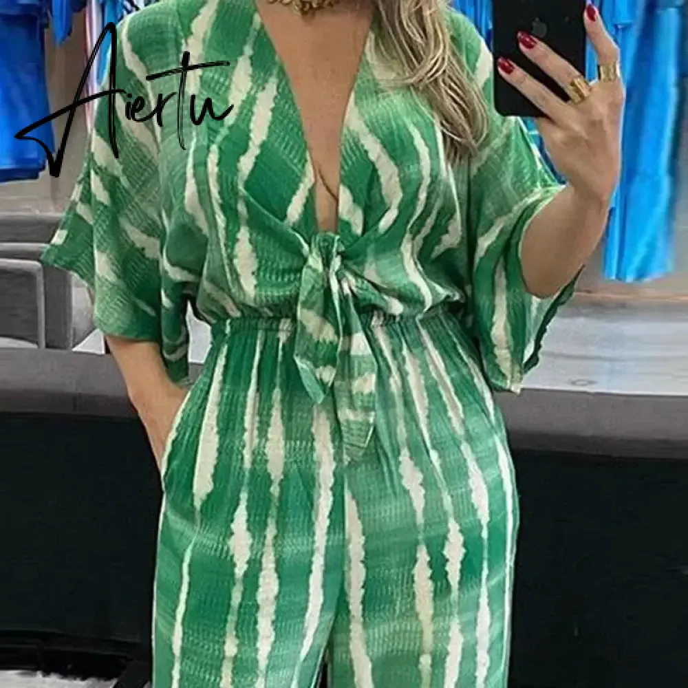 Summer Striped Print Waisted Romper Women Fashion V-neck Half Sleeve Jumpsuit Ladies Casual Wide Leg Pant Playsuit Overalls