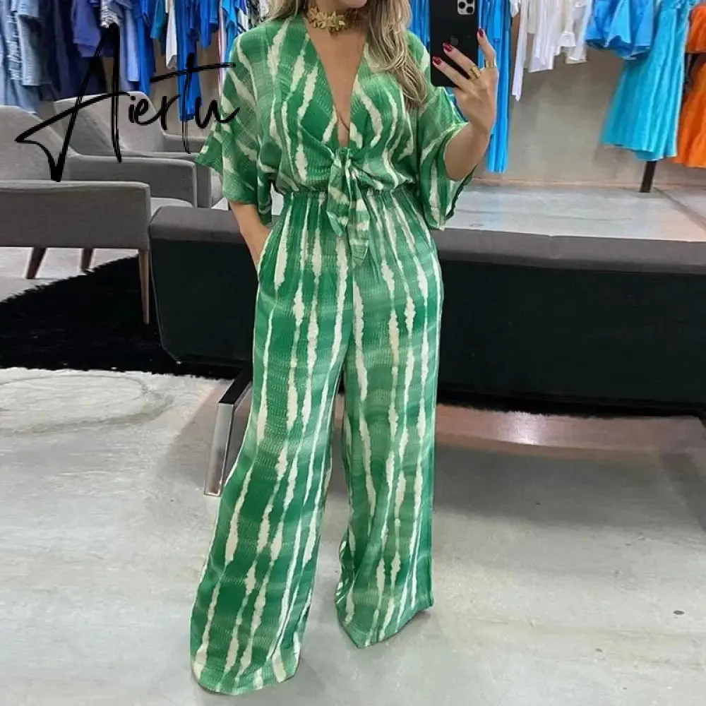Summer Striped Print Waisted Romper Women Fashion V-neck Half Sleeve Jumpsuit Ladies Casual Wide Leg Pant Playsuit Overalls