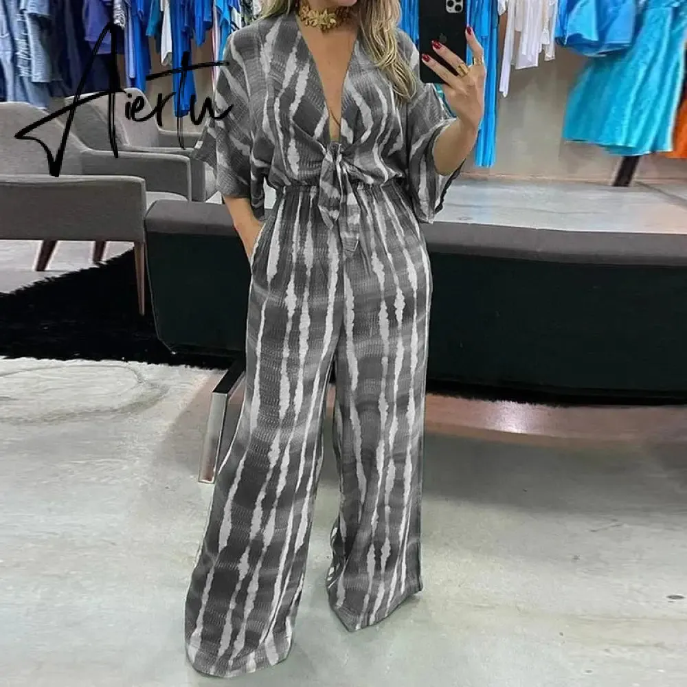 Summer Striped Print Waisted Romper Women Fashion V-neck Half Sleeve Jumpsuit Ladies Casual Wide Leg Pant Playsuit Overalls