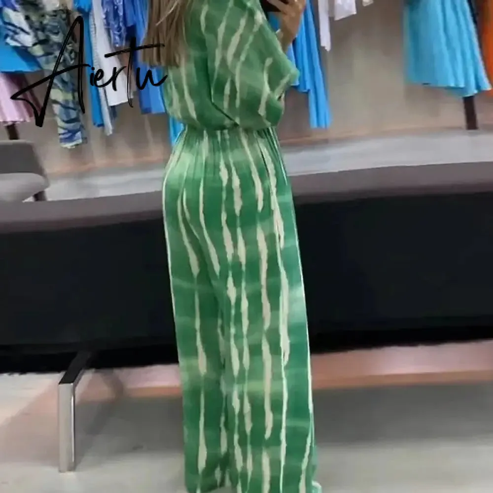 Summer Striped Print Waisted Romper Women Fashion V-neck Half Sleeve Jumpsuit Ladies Casual Wide Leg Pant Playsuit Overalls