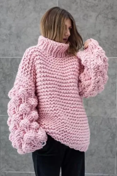 Turtleneck Handmade Knit Long Lartern Sleeves Chunky Pullover Oversized Sweater