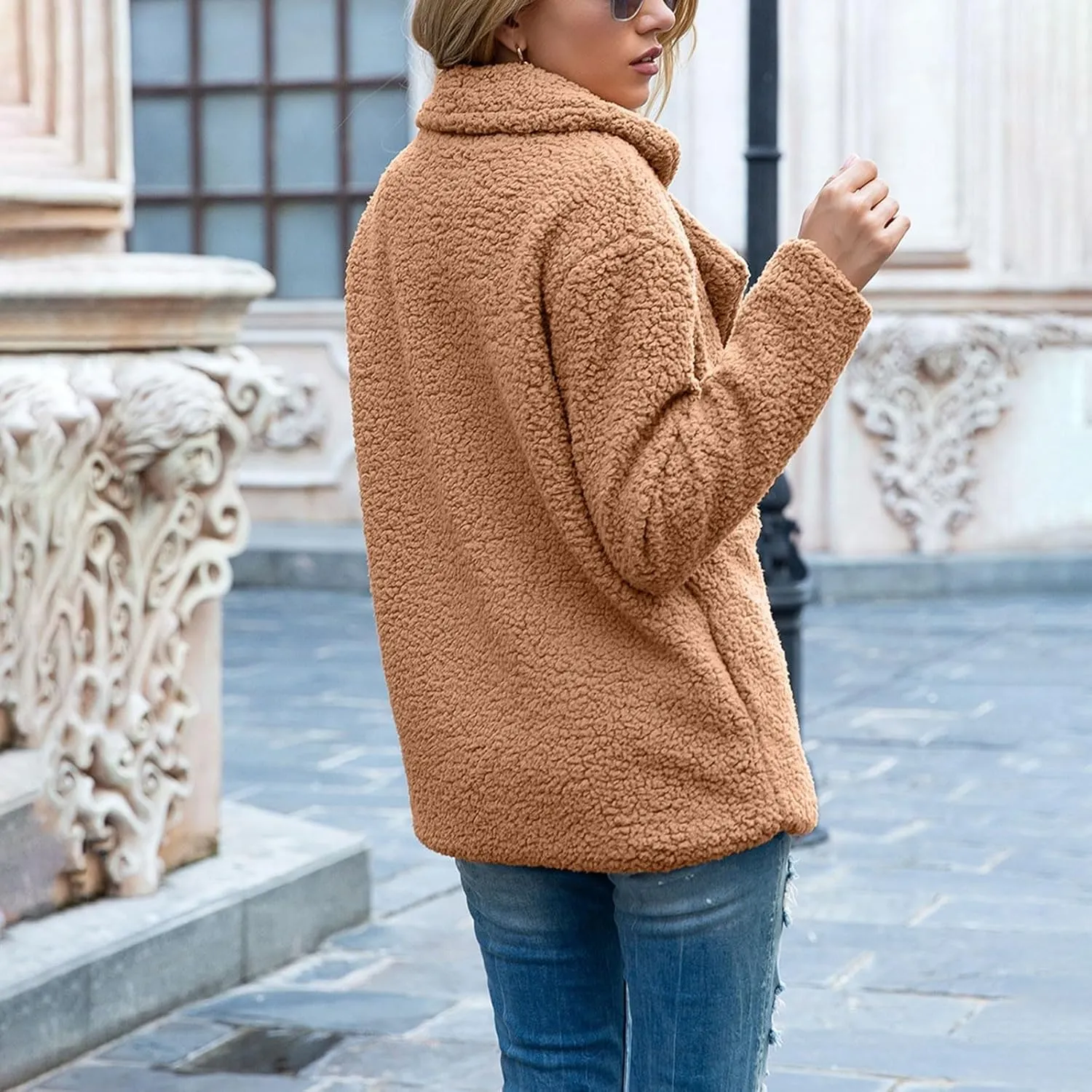 Winter Coats for Women Lapel Neck Button Sherpa Fleece Jacket Long Sleeve Teddy Faux Fur Coat with Pockets