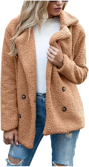 Winter Coats for Women Lapel Neck Button Sherpa Fleece Jacket Long Sleeve Teddy Faux Fur Coat with Pockets