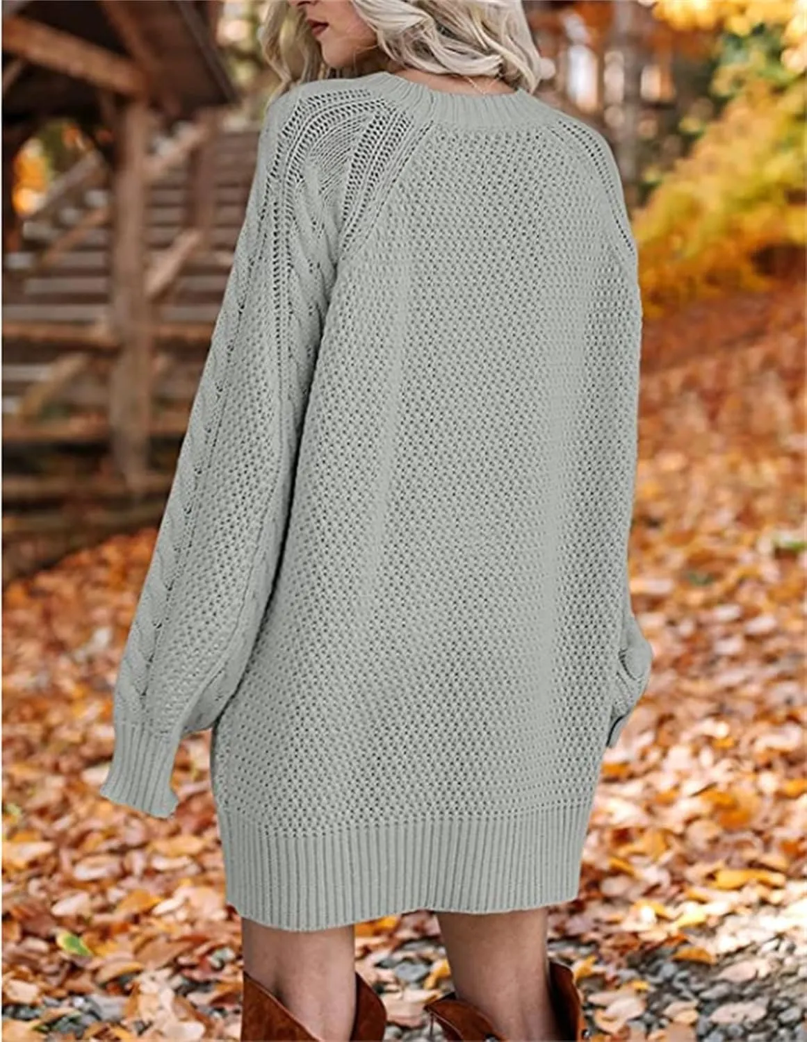 Women 2023 Fall Crew Neck Long Sleeve Pullover Sweaters Oversized Cable Knit Chunky Loose Short Sweater Dresses