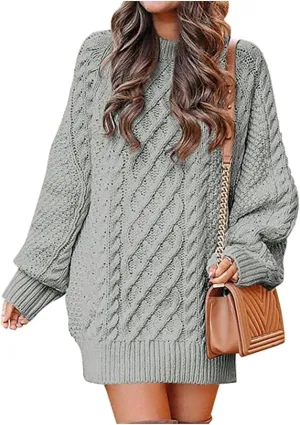 Women 2023 Fall Crew Neck Long Sleeve Pullover Sweaters Oversized Cable Knit Chunky Loose Short Sweater Dresses
