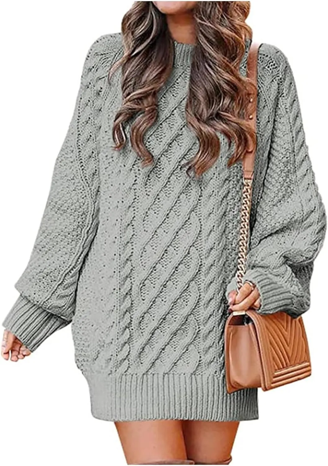Women 2023 Fall Crew Neck Long Sleeve Pullover Sweaters Oversized Cable Knit Chunky Loose Short Sweater Dresses