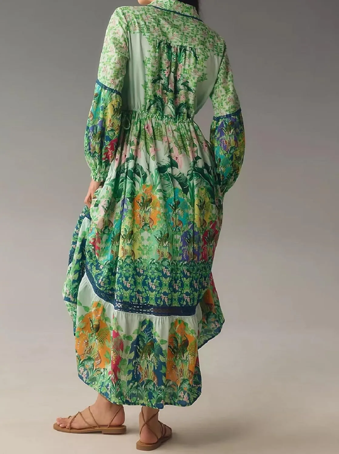 Women Boho Floral Long Dress Colorful Loose A-line Maxi Dress Long Puff Sleeve Flowy Shirt Dresses Beachwear