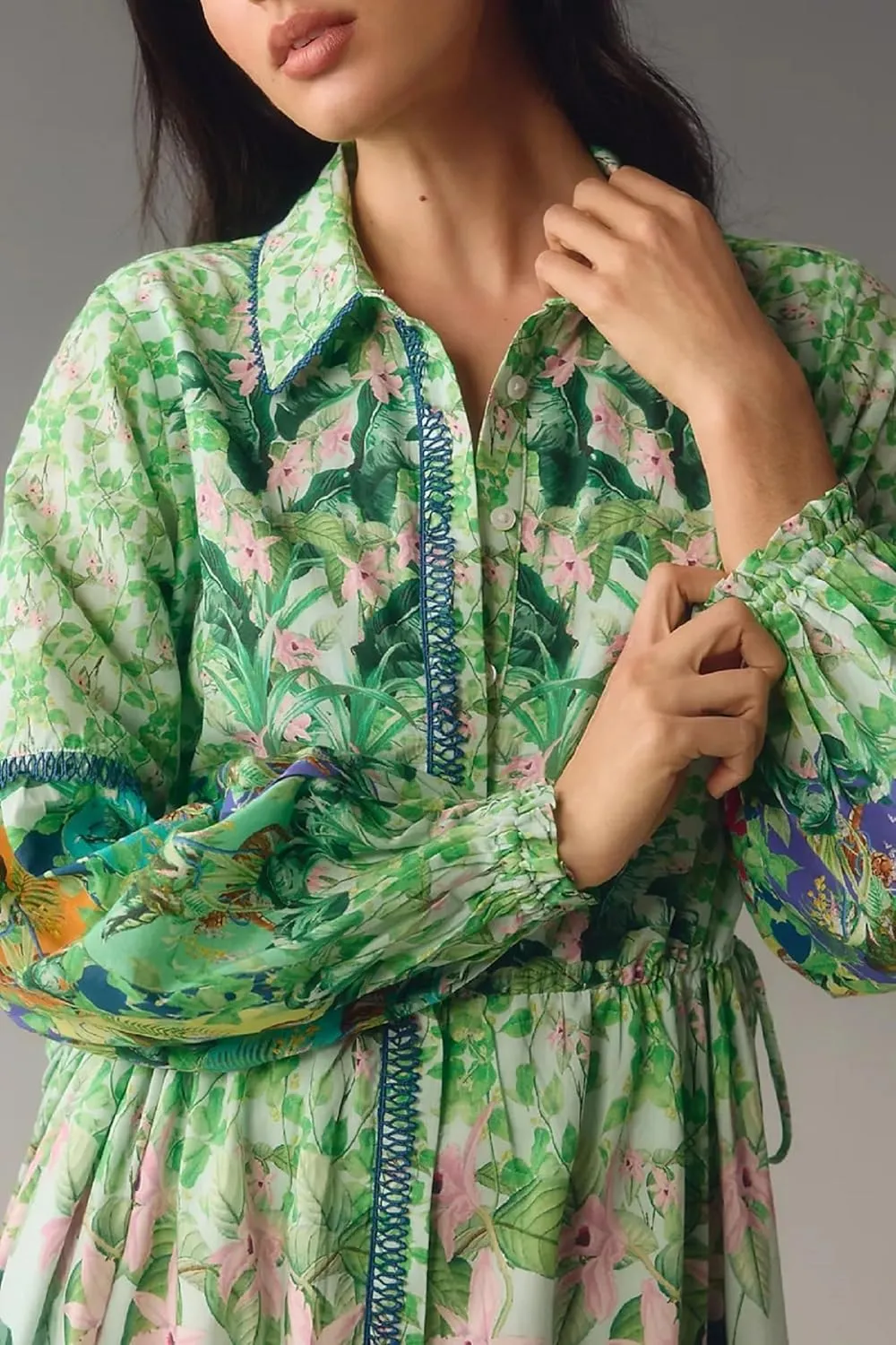 Women Boho Floral Long Dress Colorful Loose A-line Maxi Dress Long Puff Sleeve Flowy Shirt Dresses Beachwear