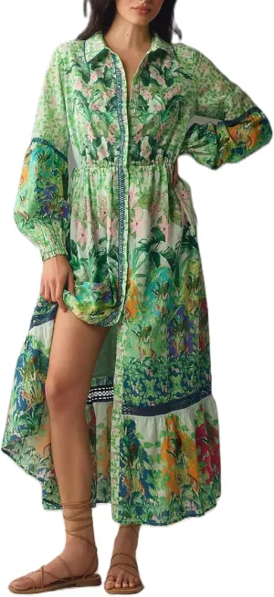 Women Boho Floral Long Dress Colorful Loose A-line Maxi Dress Long Puff Sleeve Flowy Shirt Dresses Beachwear