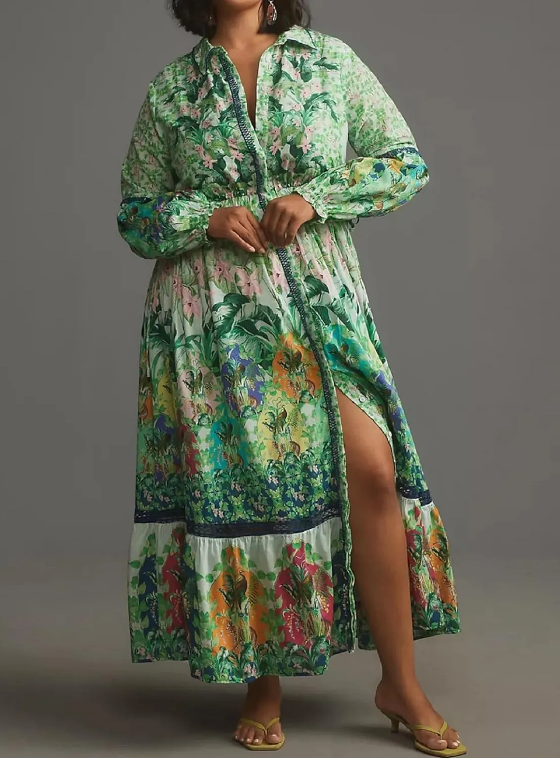Women Boho Floral Long Dress Colorful Loose A-line Maxi Dress Long Puff Sleeve Flowy Shirt Dresses Beachwear