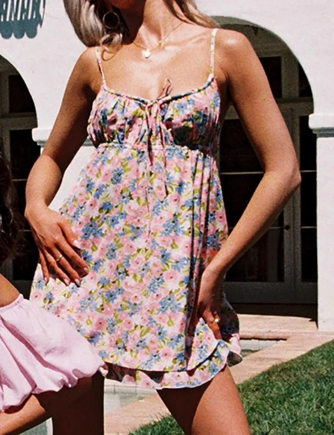 Women Cute Spaghetti Strap Boho Mini Dress Floral Backless Flowy Sling Short Dresses Graphic Summer Vocation Sundress