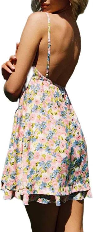 Women Cute Spaghetti Strap Boho Mini Dress Floral Backless Flowy Sling Short Dresses Graphic Summer Vocation Sundress