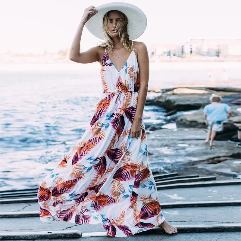 Women Floral Print V Neck Beach Boho Maxi Dress #V Neck #Boho #Print