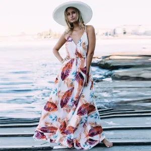 Women Floral Print V Neck Beach Boho Maxi Dress #V Neck #Boho #Print