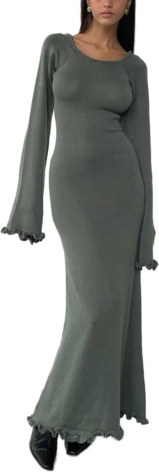 Women Ribbed Knit Long Dress Sleeveless Flower Bodycon Maxi Party Cocktail Dress Summer Beach Cover Up Club Dress