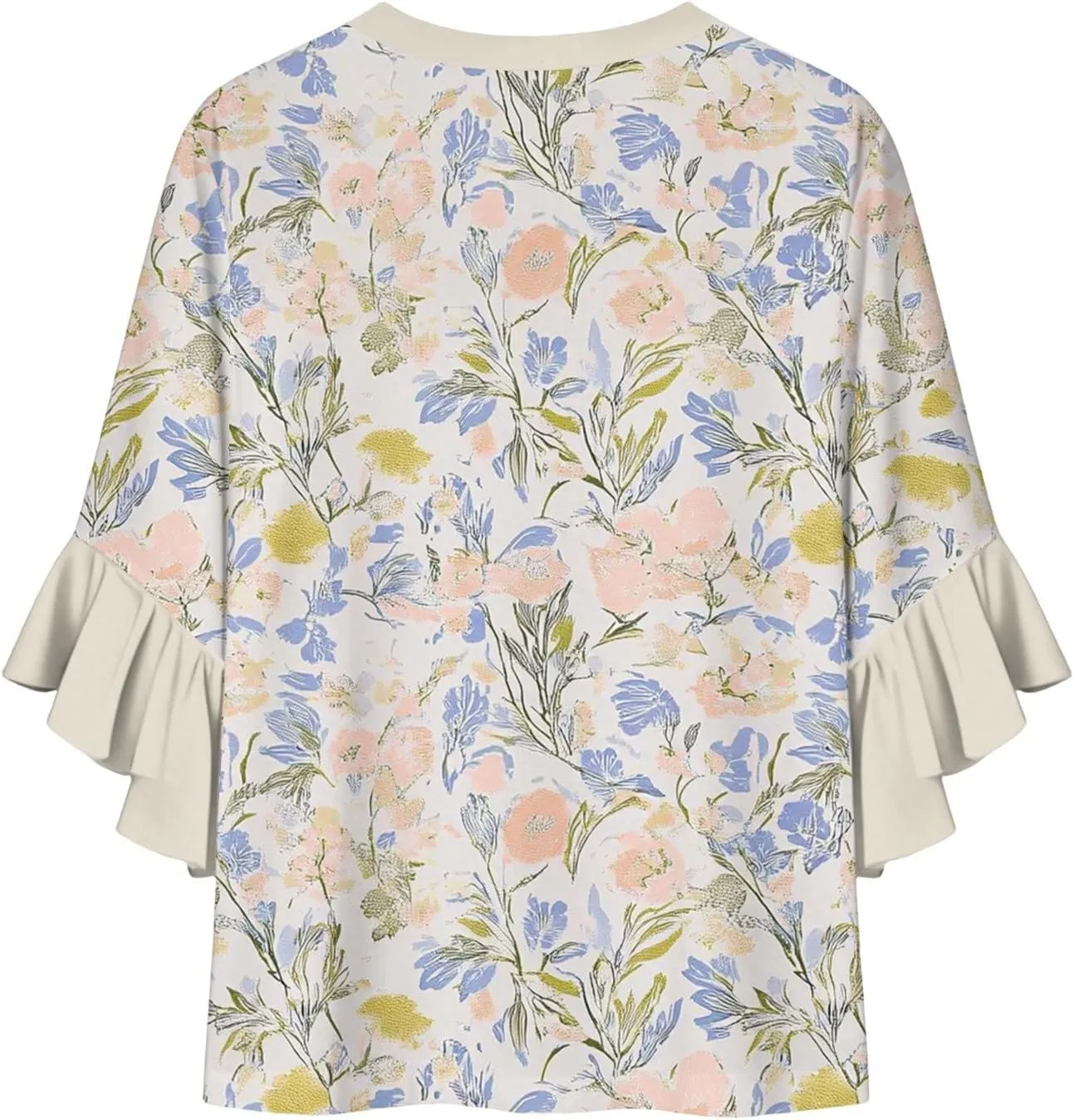 Womens 3/4 Length Sleeve Tops Dressy Casual Ruffle Sleeve Blouse V Neck Floral Summer Button Tunic Shirts