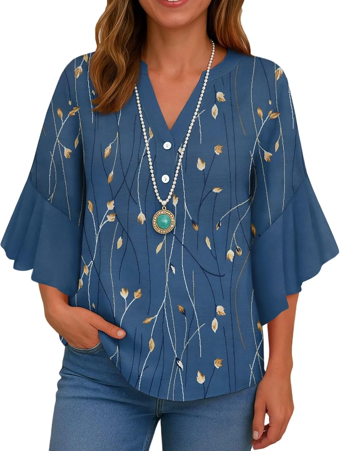 Womens 3/4 Length Sleeve Tops Dressy Casual Ruffle Sleeve Blouse V Neck Floral Summer Button Tunic Shirts