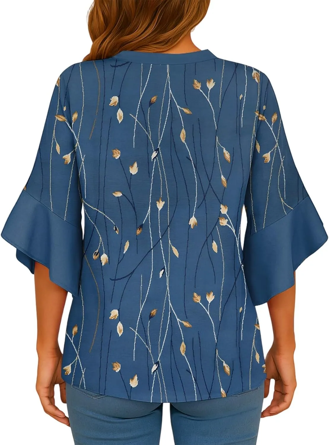 Womens 3/4 Length Sleeve Tops Dressy Casual Ruffle Sleeve Blouse V Neck Floral Summer Button Tunic Shirts