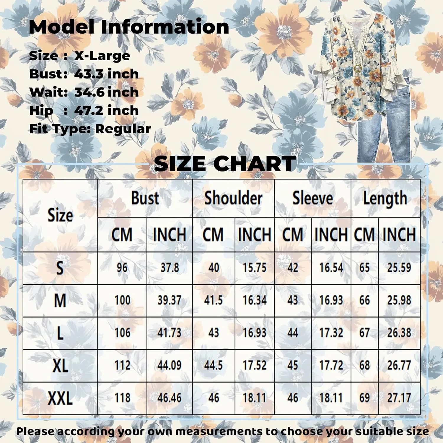 Womens 3/4 Length Sleeve Tops Dressy Casual Ruffle Sleeve Blouse V Neck Floral Summer Button Tunic Shirts