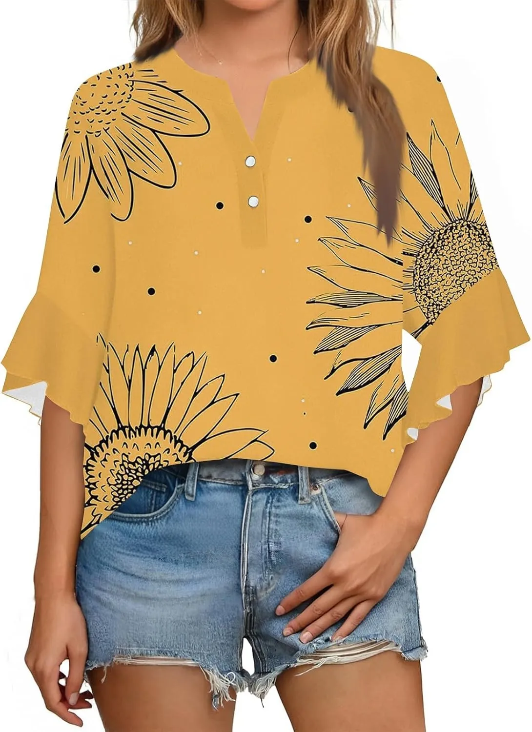 Womens 3/4 Length Sleeve Tops Dressy Casual Ruffle Sleeve Blouse V Neck Floral Summer Button Tunic Shirts