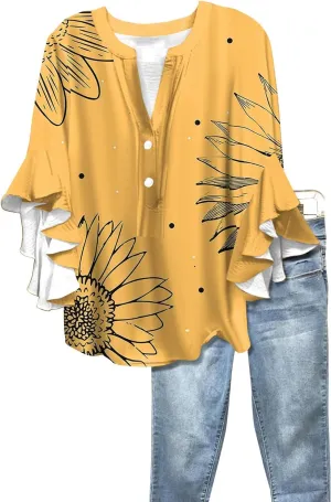 Womens 3/4 Length Sleeve Tops Dressy Casual Ruffle Sleeve Blouse V Neck Floral Summer Button Tunic Shirts