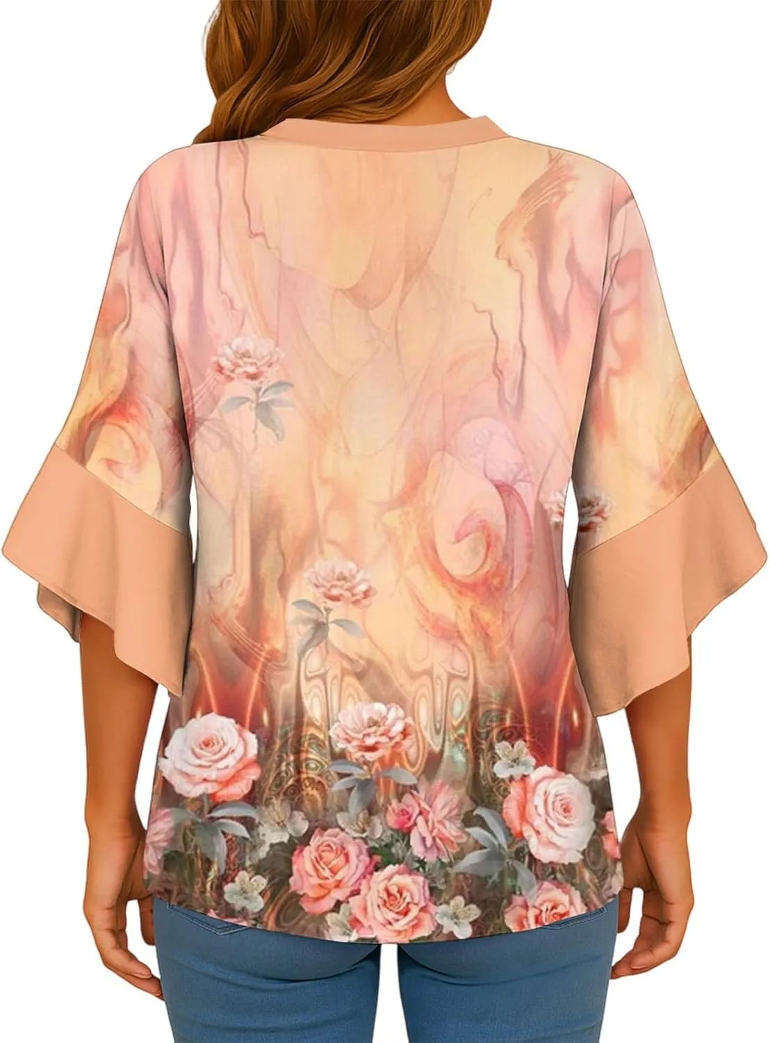 Womens 3/4 Length Sleeve Tops Dressy Casual Ruffle Sleeve Blouse V Neck Floral Summer Button Tunic Shirts