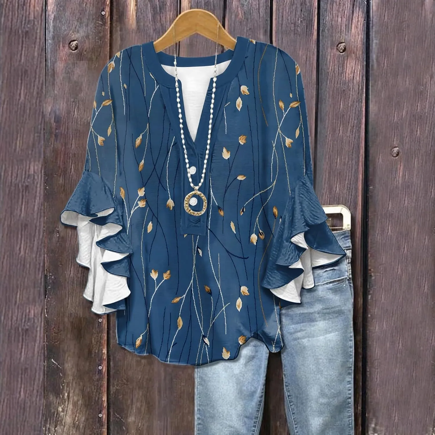 Womens 3/4 Length Sleeve Tops Dressy Casual Ruffle Sleeve Blouse V Neck Floral Summer Button Tunic Shirts