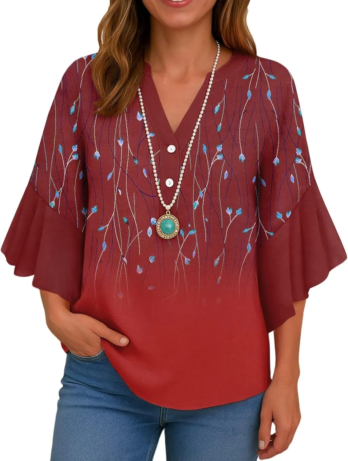 Womens 3/4 Length Sleeve Tops Dressy Casual Ruffle Sleeve Blouse V Neck Floral Summer Button Tunic Shirts