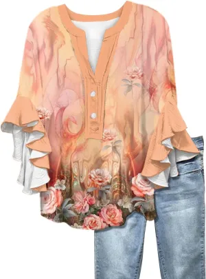 Womens 3/4 Length Sleeve Tops Dressy Casual Ruffle Sleeve Blouse V Neck Floral Summer Button Tunic Shirts